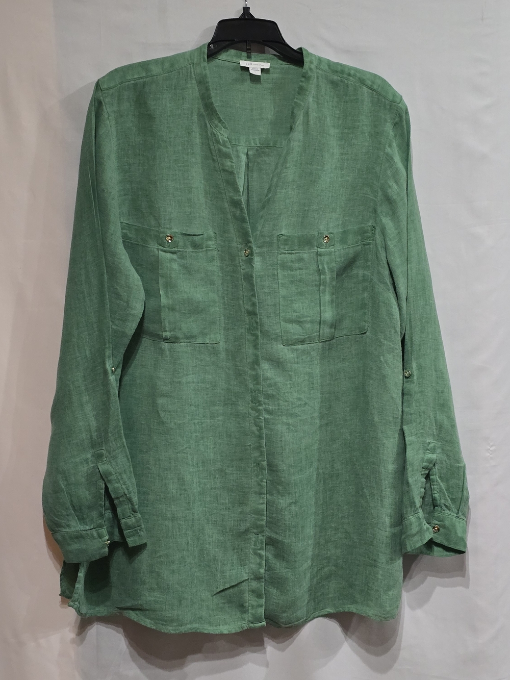 J.Jill Love Linen Garment-Dyed Green Tunic Blouse Band Collar Long-Sleeve L - Picture 2 of 10